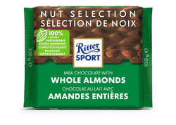 100 gram Ritter Sport milk chocolate bar with whole almonds. Made with 100% certified sustainable cocoa sourcing.