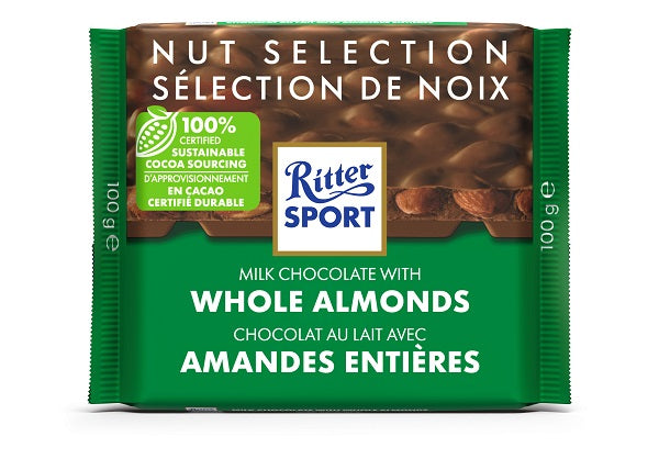 100 gram Ritter Sport milk chocolate bar with whole almonds. Made with 100% certified sustainable cocoa sourcing.