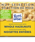 100 gram Chocolate Bar from Ritter Sport. White chocolate with Whole Hazelnuts .  Made from 100% certified sustainable cocoa sourcing.