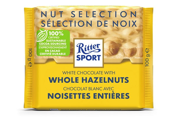 100 gram Chocolate Bar from Ritter Sport. White chocolate with Whole Hazelnuts .  Made from 100% certified sustainable cocoa sourcing.