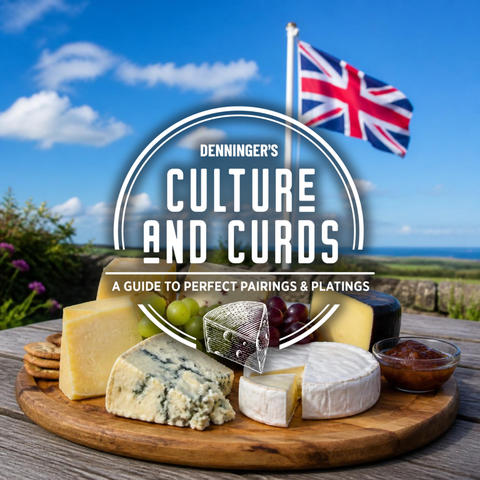 A styled cheese board outdoors on a wooden table under a Union Jack flag, with a large overlaid title reading 'Denninger's Culture and Curds: A Guide to Perfect Pairings & Platings.' The scene includes multiple cheeses, grapes, crackers, and a small bowl of spread against a blue sky and landscape background.
