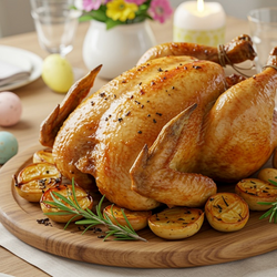 A roasted whole turkey on a wooden carving board.