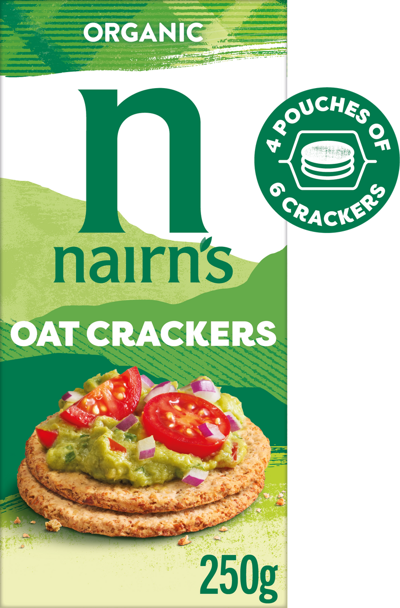 250 gram  box of Nairn's Organic Oat Crackers.