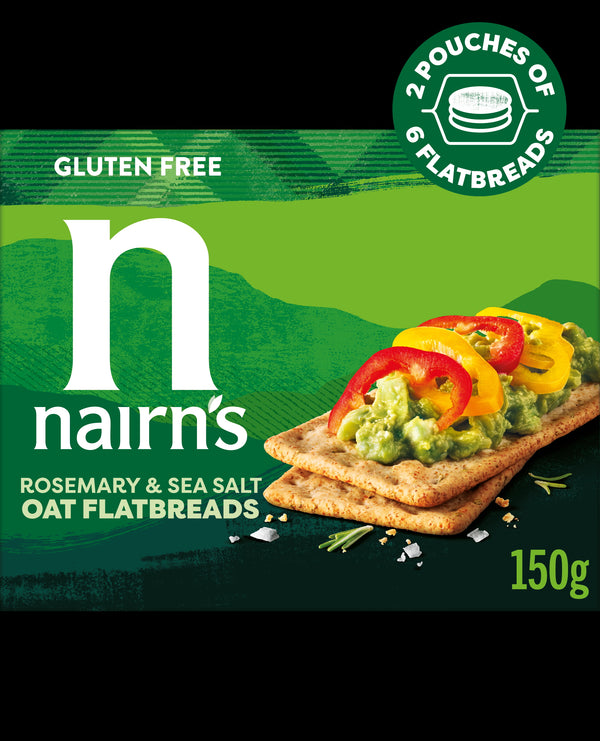 150 gram box of Nairn's rosemary and sea salt gluten free flatbreads.