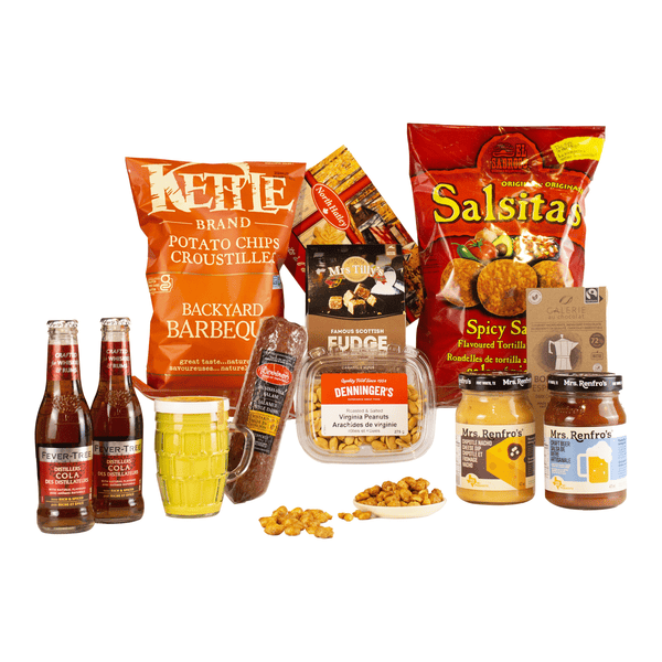 Products spread out - tortilla chips, bbq chips , maple cookies, two salsas, salami, mustard, two colas, peanuts, chocolate bar, and fudge.