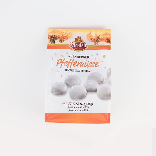 300 gram bag of Wicklein Nurnberger Pfefferuusse - brown gingerbread cookies with the classic white glaze. Imported from Germany
