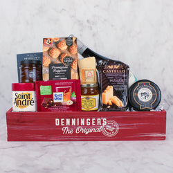 Wine and Cheese Gift Basket includes four luxurious cheeses, an array of crackers, Snowdonia chutney, delectable honey and chocolate Ritter bar all perfectly paired with 13th Street Winery's 2021 Gamay.