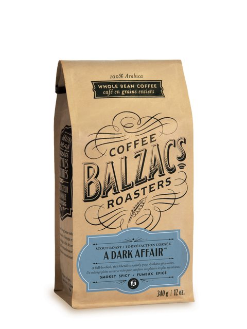 340 gram bag of Balzac's Coffee A Dark Affair. Whole Bean Coffee. 100% Arabica.