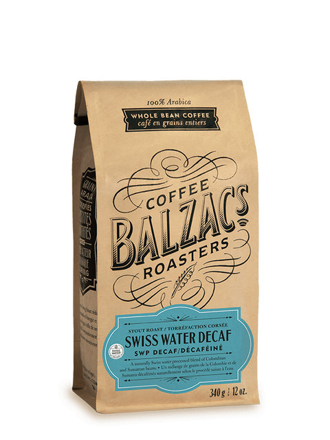 340 gram bag of Balzac's Coffee Swiss Water Decaf. 100% Arabica. Whole Bean Coffee.