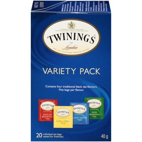 40 gram box of Twinings Variety Pack. Contains four traditional teas Five bags per flavour. English Breakfast, Earl Grey, Lady Grey, and Irish Breakfast.