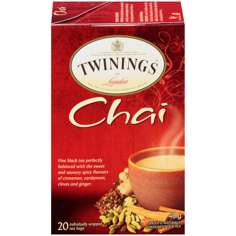 40 gram box of Twinings Chai. 20 individual tea bags sealed for freshness.