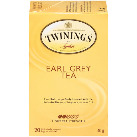 40 gram box of Twinings Earl Grey Tea. Twenty individual tea bags sealed for freshness.