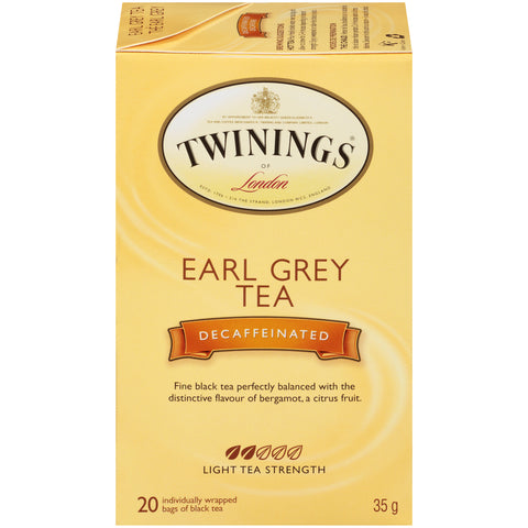 35 gram box of Twinings Earl Grey Tea Decaffeinated. Twenty Individually wrapped bags of black tea.