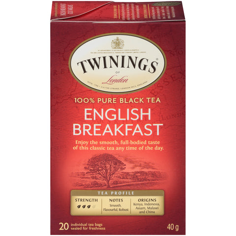40 gram box of Twinings English Breakfast Black Tea 20 individual tea bags sealed for freshness.