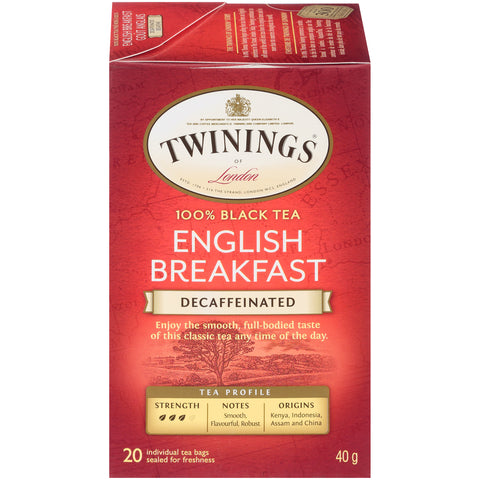 40 g box of English Breakfast decaffeinated black tea. 20 individual tea bags sealed for freshness.