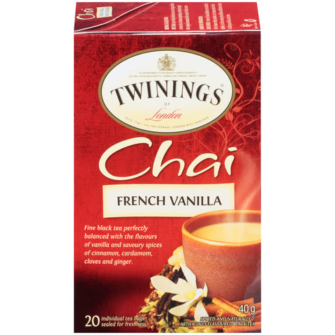 40 gram box of Twinings French Vanilla Chai. 20 individual tea bags sealed for freshness.
