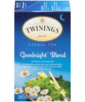 29 gram box of Twinings Goodnight Blend of Herbal Tea. Blend is camomile spearmint, and lemongrass. Twenty individual tea bags sealed for freshness.