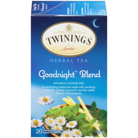 29 gram box of Twinings Goodnight Blend of Herbal Tea. Blend is camomile spearmint, and lemongrass. Twenty individual tea bags sealed for freshness.