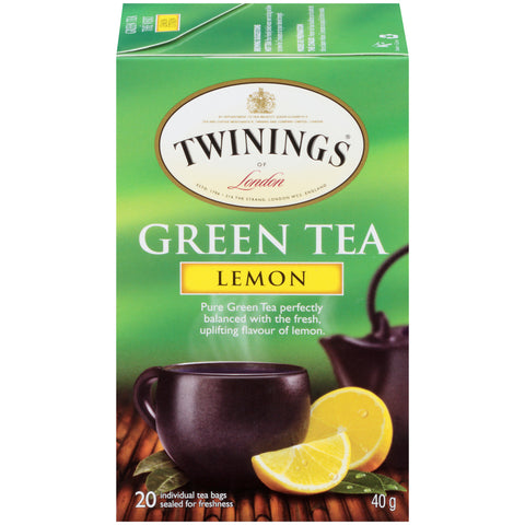 40 gram box of Twinings Lemon Green Tea. Twenty individual tea bags sealed for freshness.