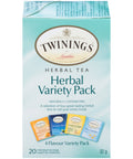 32  gram box of Twinings Herbal Variety Pack. Honeybush, Mandarin and Orange, Goodnight Blend, Lemon and Ginger, Pure Camomile.  Twenty individual tea bags sealed for freshness.