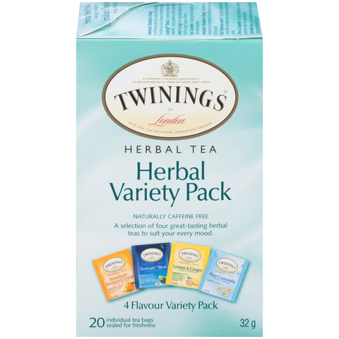 32  gram box of Twinings Herbal Variety Pack. Honeybush, Mandarin and Orange, Goodnight Blend, Lemon and Ginger, Pure Camomile.  Twenty individual tea bags sealed for freshness.