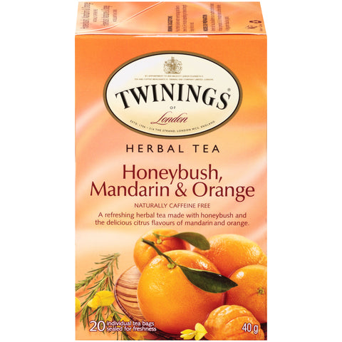 40 gram box of Twinings Herbal Honeybush Mandarin and Orange Tea. Naturally Caffeine Free.  20 individual tea bags sealed for freshness.