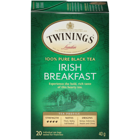 40 gram box of Twinings Irish Breakfast black tea. 20 individual tea bags sealed  for freshness.