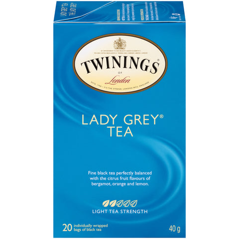 40 gram box of  Twinings Lady Grey Tea. Twenty individual tea bags sealed for freshness.