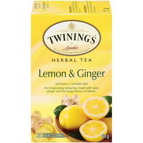 30 gram box of Twinings Lemon and Ginger Herbal Tea. Twenty individual tea bags sealed for freshness.