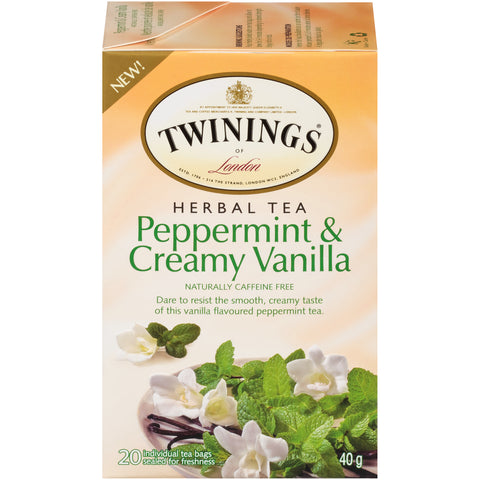 40 gram box of Twinings Peppermint and Creamy Vanilla Herbal Tea. Twenty individual tea bags sealed for  freshness.
