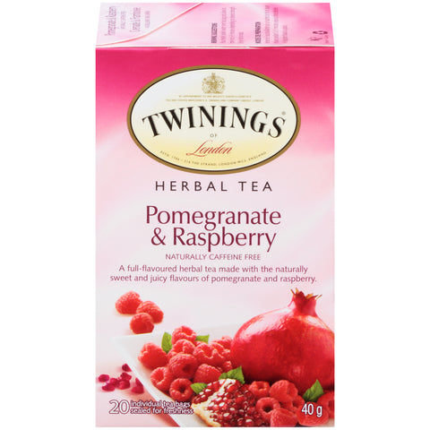 40 gram box of Twinings Herbal Tea Pomegranate and Raspberry Twenty individual tea bags sealed for freshness.