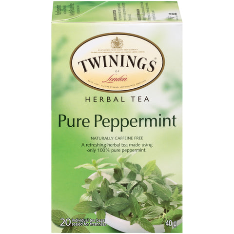 40 gram box of Twinings Pure Peppermint  Herbal Tea.  Twenty individual tea bags sealed for freshness.