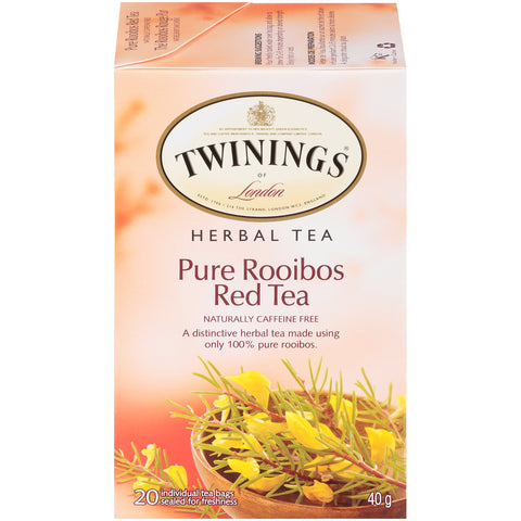 40 gram box of Twinings Pure Rooibos Red  Herbal Tea. Twenty individual tea bags sealed for freshness.