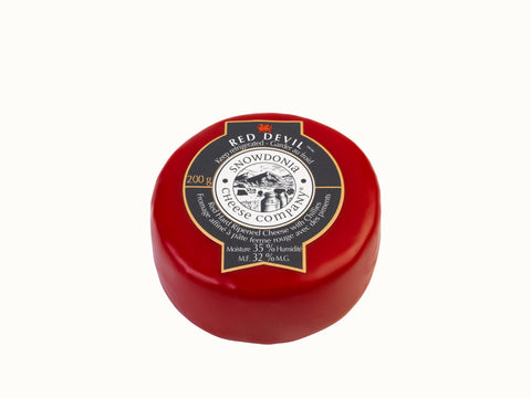 Encased in red wax 200 grams of Snowdonia Red Devil red hard ripened cheese with chillies.