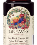 A 250 ml glass jar of Greaves Pure Black Currant Jelly.