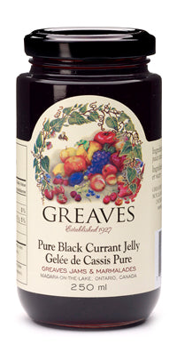 A 250 ml glass jar of Greaves Pure Black Currant Jelly.