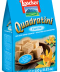 250 g bag of Loacker Quadratini. Five layer crispy wafer cookie with four layers of delicious vanilla cream filling.