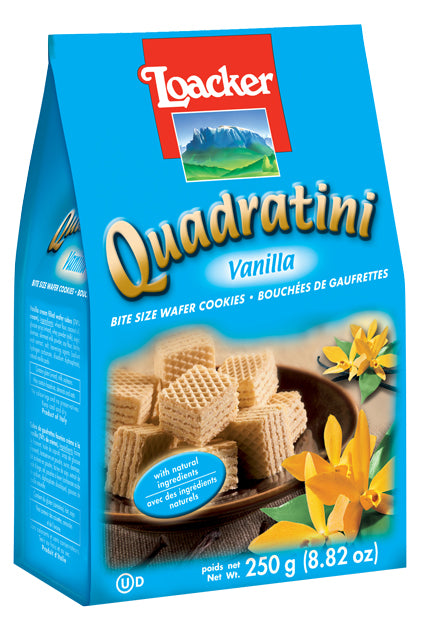 250 g bag of Loacker Quadratini. Five layer crispy wafer cookie with four layers of delicious vanilla cream filling.