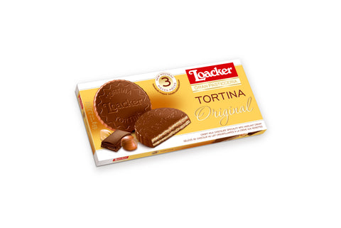 63 gram box of Loacker Tortina Original. Crispy Milk Chocolate Specialty with Hazelnut Cream.