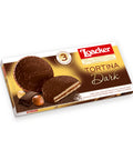 63 gram box of Loacker Tortina Dark. Crispy Dark Specialty with cocoa cream filling.