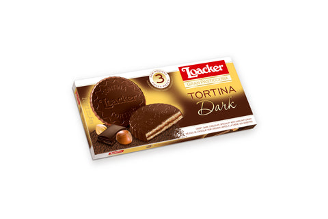 63 gram box of Loacker Tortina Dark. Crispy Dark Specialty with cocoa cream filling.