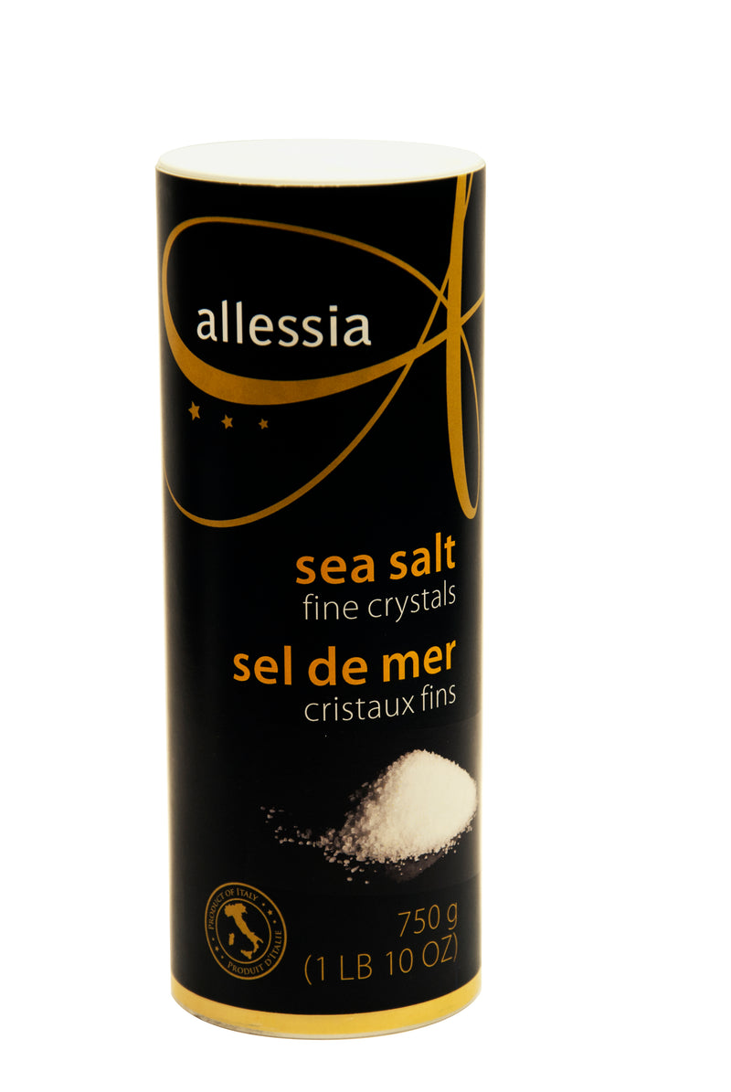 750 gram shaker of Allessia Sea Salt fine crystals