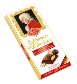 100 gram bar of Reber Mozart Classic dark chocolate pistachio marzipan and cream truffle.