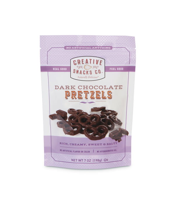198 g of Dark Chocolate Pretzels are generously dipped in dark chocolate to create the perfect blend of salty and sweet for a crunchy, irresistible snack or treat. Rich and creamy, sweet and salty, this decadent snack comes in a re-sealable pouch.