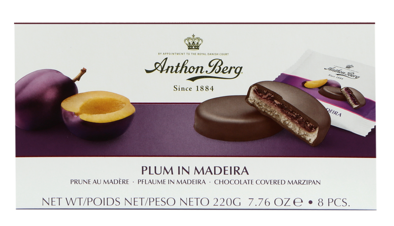 220 gram box of Anthon Berg Plum in Madeira Chocolate Covered Marzipan