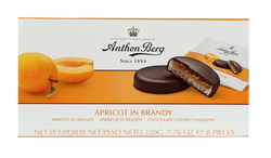 220 gram box of Anthon Berg Apricot in Brandy chocolate covered marzipan