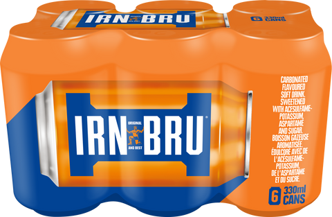 Six pack of 330ml cans of Irn-Bru Soft Drink.