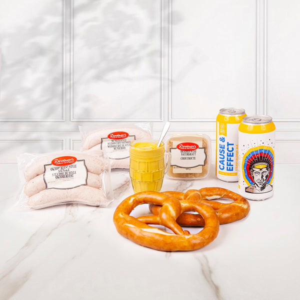 The Bavarian box includes Munich style sausages, Oktoberfest style sausages, a mustard beer mug, two fresh pretzels, wine braised sauerkraut, and two Cause & Effect beers from Nickelbrook Brewery. 