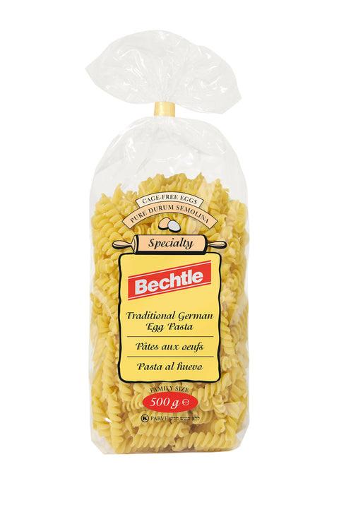 500 gram bag of Bechtle Traditional German Egg Pasta, Spiral Noodles. Made in Germany.