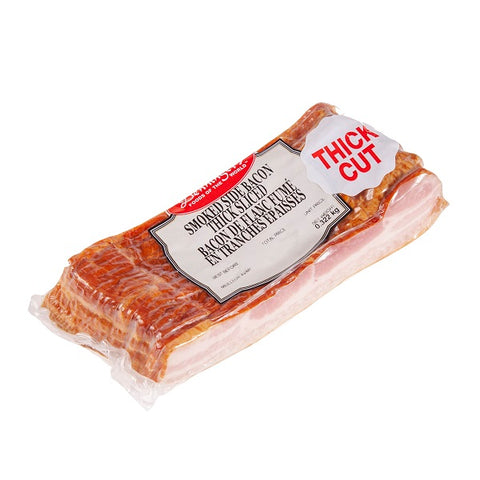 450 gram package of Denningers thick cut Sliced smoked side bacon.
